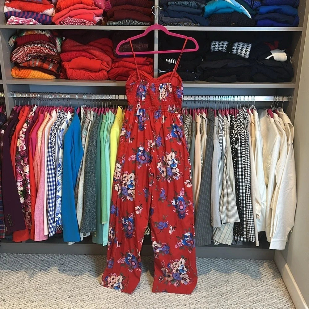 BOG Collective Red Floral Jumpsuit Size S